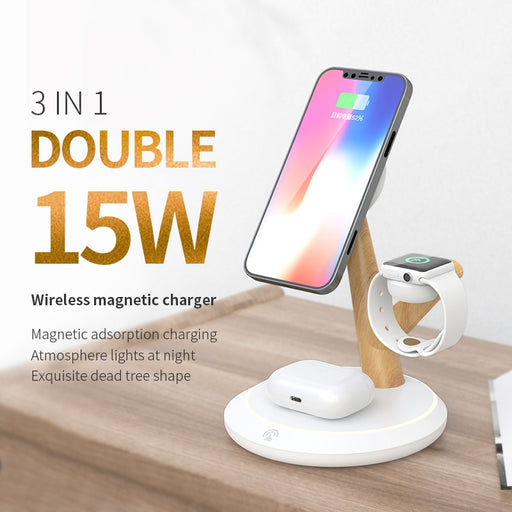 15W Magnetic Tree Wireless Charger Stand 3 in 1 Creative Shaped Wireless QI Fast Charging Dock For iPhone 14 iWatch Airpods Pro